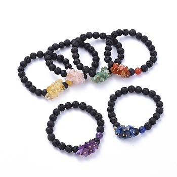 Natural Lava Rock Round Beads Stretch Bracelets, with Natural Gemstone Chips and Brass Beads, Golden, Inner Diameter: 2 inch(5cm)