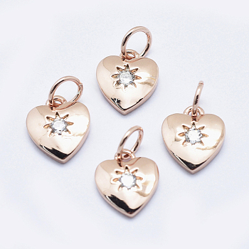 Brass Micro Pave Cubic Zirconia Charms, Long-Lasting Plated, Lead Free & Nickel Free & Cadmium Free, Heart, Real Rose Gold Plated, 10x8.5x2mm, Hole: 3mm