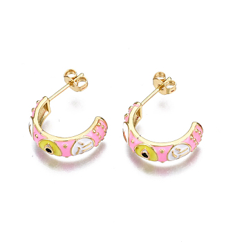 Brass Enamel Half Hoop Earrings, with Ear Nuts, Nickel Free, Letter C Shape with Evil Eye, Real 16K Gold Plated, Pink, 18x5.5mm, Pin: 0.8mm