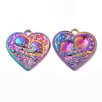 304 Stainless Steel Pendants, Textured, Heart with Skull Charm, Rainbow Color, 20x20.5x2mm, Hole: 2.5mm