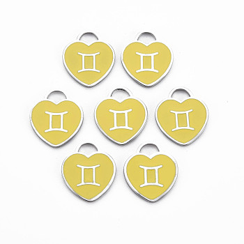 304 Stainless Steel Pendants, with Enamel, Heart with 12 Constellations, Gemini, 16.5x14.5x1.5mm, Hole: 3x3.5mm