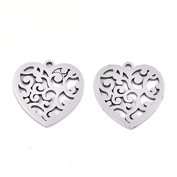 201 Stainless Steel Pendants, Laser Cut, Heart, Stainless Steel Color, 17x17x0.9mm, Hole: 1.4mm