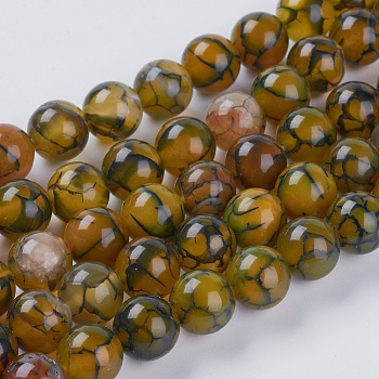 Natural Dragon Veins Agate Beads Strands, Dyed, Round, Olive, 10mm, Hole: 1mm, about 19pcs/strand, 7.5 inch
