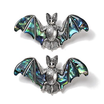 Tibetan Style Alloy Bat Brooches, with Natural Paua Shell and Rhinestone, Antique Silver, 36.5x69.5x13mm