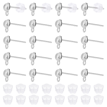 Unicraftale 250Pcs 304 Stainless Steel Half Round Stud Earring Findings, with Horizontal Loops, with 300Pcs Plastic Ear Nuts, Stainless Steel Color, 6.5x4mm, Hole: 1mm, Pin: 0.7mm