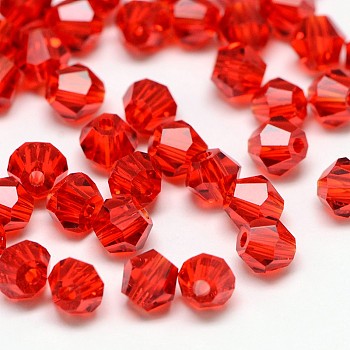 Imitation 5301 Bicone Beads, Transparent Glass Faceted Beads, Red, 4x3mm, Hole: 1mm, about 720pcs/bag