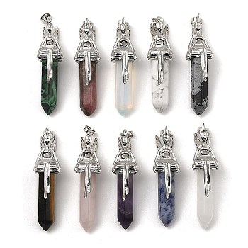 Natural & Synthetic Mixed Gemstone Pointed Pendants, Faceted Bullet Charms, with Rack Plating Platinum Plated Brass Fairy, Mixed Dyed and Undyed, 24x13mm, Hole: 5x8mm