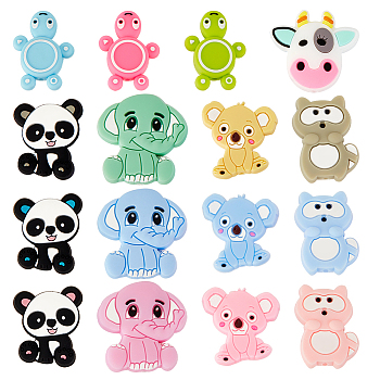 16Pcs 16 Styles Silicone Beads, DIY Nursing Necklaces and Bracelets Making, Chewing Pendants For Teethers, Koala & Tortoise & Elephant & Panda, Mixed Color, 26~31x22~29x6.5~10mm, Hole: 2~2.5mm,  1pc/style