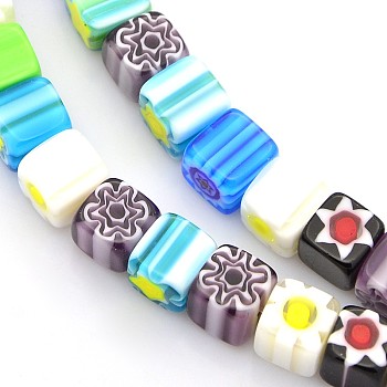 Handmade Millefiori Glass Bead Strands, Cube, Mixed Color, 8x8x8mm, Hole: 1mm, about 53pcs/strands, 16 inch