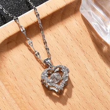 304 Stainless Steel Necklaces for Women, with Cubic Zirconia Pendant, Heart, Stainless Steel Color, 15.94 inch(40.5cm) long+60mm extender