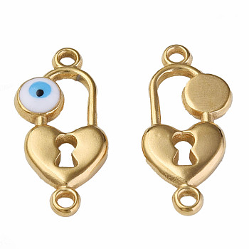 304 Stainless Steel Enamel Connector Charms, Golden, Heart-Shaped Lock with Evil Eye, White, 23x11x3mm, Hole: 1.5mm