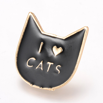 Alloy Enamel Kitten Brooches, Enamel Pin, with Brass Finding, Cat Head with Word I Love Cats, Light Gold, Black, 29x27mm, Pin: 1.2mm