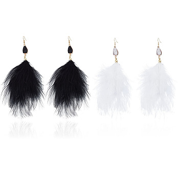 ANATTASOUL 2 Pairs 2 Colors Feather Long Dangle Earrings, Gold Plated Alloy Jewelry for Women, Black and White, 150x80mm, 1 Pair/color