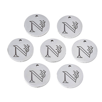 304 Stainless Steel Charms, Laser Cut, Designed Letter Engraved, Flat Round, Stainless Steel Color, Letter.N, 14x1mm, Hole: 1.2mm