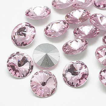 Pointed Back Glass Rhinestone Cabochons, Rivoli Rhinestone, Back Plated, Faceted, Cone, Light Rose, 18x8.5~9mm