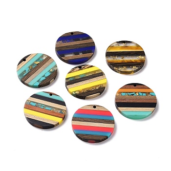 Resin & Walnut Wood Pendants, Flat Round Charm, with Gold Foil, Mixed Color, 30x3.5mm, Hole: 2mm