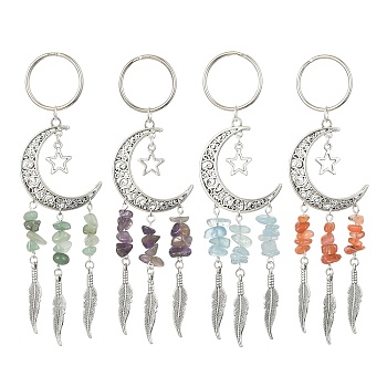 Alloy Moon with Feather Pendant Decorations, with Gemstone Chips and Star Charms, Antique Silver, 126mm, 4pcs/set