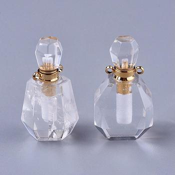 Faceted Natural Quartz Crystal Pendants, Rock Crystal Pendants, Openable Perfume Bottle, with Golden Tone Brass Findings, 36~37x18.5~20x13~14mm, Hole: 1.8mm, Bottle Capacity: 1ml(0.034 fl. oz)