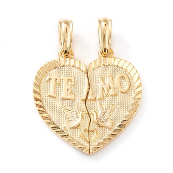 Brass Split Pendants, Long-Lasting Plated, Heart with Bird & Word TEAMO, Real 18K Gold Plated, 25x12x2mm, Hole: 6x3mm, 2pcs/set