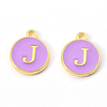 Golden Plated Alloy Enamel Charms, Enamelled Sequins, Flat Round with Letter, Medium Purple, Letter.J, 14x12x2mm, Hole: 1.5mm