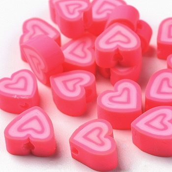 Handmade Polymer Clay Beads, Heart, Deep Pink, 7.5~11x7~11x4~5mm, Hole: 1.8mm