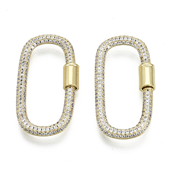 Brass Micro Pave Cubic Zirconia Screw Carabiner Lock Charms, for Necklaces Making, Oval, Nickel Free, Real 16K Gold Plated, Clear, 35x19x3mm, Screw: 8x5mm