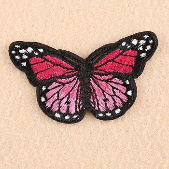 Computerized Embroidery Cloth Iron on/Sew on Patches, Costume Accessories, Appliques, Butterfly, Deep Pink, 46x78mm