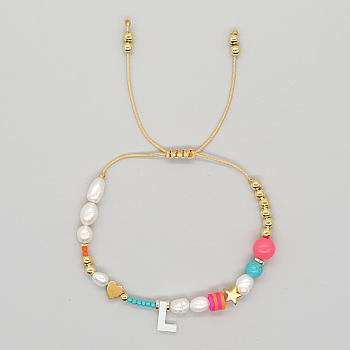 Initial Letter Natural Pearl Braided Bead Bracelet, Adjustable Bracelet, Letter L, 11 inch(28cm)