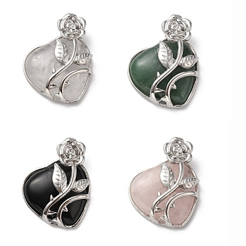 Natural Mixed Gemstone Pendants, Heart Charms, with Rack Plating Platinum Tone Alloy Rose, Cadmium Free & Lead Free, 41~42x37~38x11~12mm, Hole: 5.3x5.2mm