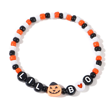 Halloween Acrylic Beads Stretch Bracelets for Women Men, Skull with Word LIL BO, Colorful, Inner Diameter: 6-7/8 inch(17.5cm)