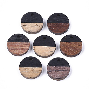 Resin & Wood Pendants, Flat Round, Black, 14~15x3~4mm, Hole: 1.8mm