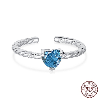 Rhodium Plated 925 Sterling Silver Twist Open Finger Rings, Birthstone Ring, with Cubic Zirconia for Women, Heart Cuff Ring, Real Platinum Plated, Blue, 1.8mm, US Size 7(17.3mm)