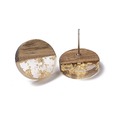 Resin & Walnut Wood Flat Round Stud Earrings with 304 Stainless Steel Pin for Women(EJEW-TAC0021-05B)-2