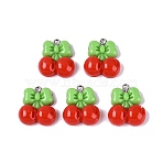 Opaque Resin Pendants, Cherry with Bowknot Charm, with Platinum Iron Loops, FireBrick, 22~23x20x7~7.5mm, Hole: 2mm(RESI-Q232-04A)