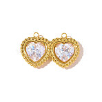 304 Stainless Steel Pave Cubic Zirconia Pendants, Heart Charms, Ion Plating(IP), Mirror Polished Finish, Real 18K Gold Plated, 25x15mm,Hole:2mm(STAS-OY010-42G)