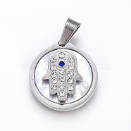 304 Stainless Steel Pendants, with Shell and Rhinestone, Flat Round with Hamsa Hand/Hand of Fatima/Hand of Miriam, Stainless Steel Color, 20x18x4.5mm, Hole: 6x4mm(STAS-O100-04P)