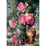 DIY Diamond Painting Canvas Kits For Kids, with Resin Rhinestones, Diamond Sticky Pen, Tray Plate and Glue Clay, Cat with Flower, Mixed Color, 40x30cm(DIY-F059-13)