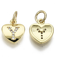 Brass Micro Pave Clear Cubic Zirconia Charms, with Jump Ring, Heart with Letter, Real 16K Gold Plated, Nickel Free, Letter.Y, 10x9x2mm, Jump Ring: 5x1mm, 3mm inner diameter(KK-N227-34Y-NF)
