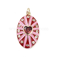 Rack Plating Brass Micro Pave Clear Cubic Zirconia Pendants, with Enamel, Long-Lasting Plated, Lead Free & Cadmium Free, Oval with Heart Charms, Red, 26x16x4mm, Hole: 3.5mm(KK-H474-23G-04)