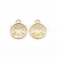 Brass Pendants, Nickel Free, Flat Round with Cat, Real 18K Gold Plated, 15x12x1mm, Hole: 1.8mm(KK-S356-728)