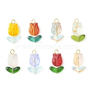 Glass Pendants, with Golden Iron Findings, Tulip Charm, Mixed Color, 22.5~23x14x6.5~7mm, Hole: 2.6mm(PALLOY-TA00059-02)