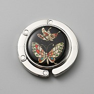 Zinc Alloy Bag Hanger Purse Hooks, with Glass Cabochons, Flat Round, Butterfly, 4.35x1.05cm(BAGH-WH0001-A11)