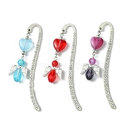 3Pcs 3 Colors Glass Bead Heart Angel Bookmarks, Tibetan Style Alloy Hook Bookmarks, Mixed Color, 83x15mm, 1pc/color(AJEW-JK00276)