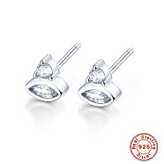 Cubic Zirconia Horse Eye Stud Earrings, Platinum Rhodium Plated 925 Sterling Silver Earrings, with 925 Stamp, Clear, 7x6.1mm(LS2614-2)