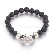 Stretch Bracelets, with Long-Lasting Plated Electroplated Natural Lava Rock, Natural Lava Rock and Brass Cubic Zirconia Beads, Tortoise, Platinum & Silver, 2-1/4 inch(5.6cm)(BJEW-G601-15P)