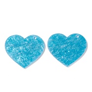 Acrylic Disc Pendants, with Glitter Powder, Imitation Gemstone Style, Heart, Deep Sky Blue, 42.5x49.5x2~2.5mm, Hole: 2.8mm(SACR-G015-D01)