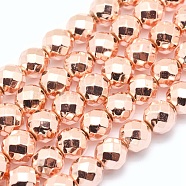 Electroplate Non-magnetic Synthetic Hematite Beads Strands, Grade AAA, Long-Lasting Plated, Faceted, Round, Light Rose Gold Plated, 6mm, Hole: 1mm, about 73pcs/strand, 15.7 inch(40cm)(G-L485-03D-LRG)