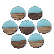 Transparent Resin & Walnut Wood Pendants, Flat Round, Turquoise, 28.5x3.5~4mm, Hole: 1.5mm(X-RESI-S358-02B-H11)