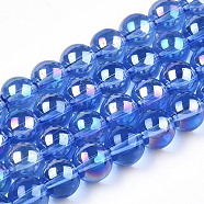 Electroplate Transparent Glass Beads Strands, AB Color Plated, Round, Royal Blue, 8~8.5mm, Hole: 1.5mm, about 51~53pcs/strand, 14.96 inch~15.55 inch(38~39.7cm)(GLAA-T032-T8mm-AB16)