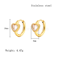 Cubic Zirconia Hoop Earrings, Real 18K Gold Plated 304 Stainless Steel Earrings, Heart, 16x8mm(VX9431-01)